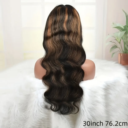 200% Density Lace Front Wig Human Hair Brown Highlights Long Wavy Pre-Plucked Glueless Heat, for Home, Travel and Salon Hair Styling