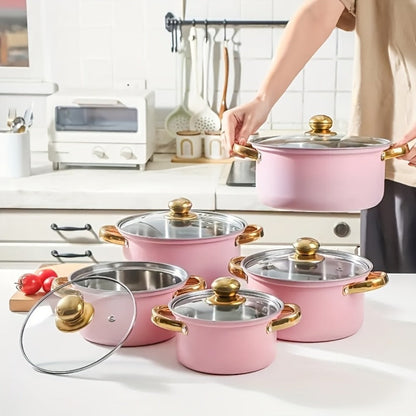 304 Stainless Steel Cookware Set with Golden Handles, 1/10/15pcs Deep Thick Soup Pot & Pan Set for Induction & Gas Stoves