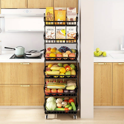 6-Tier Stackable Metal Wire Storage Basket Organizer with Wheels – Rolling Kitchen Pantry Rack for Fruits Vegetables Utensils