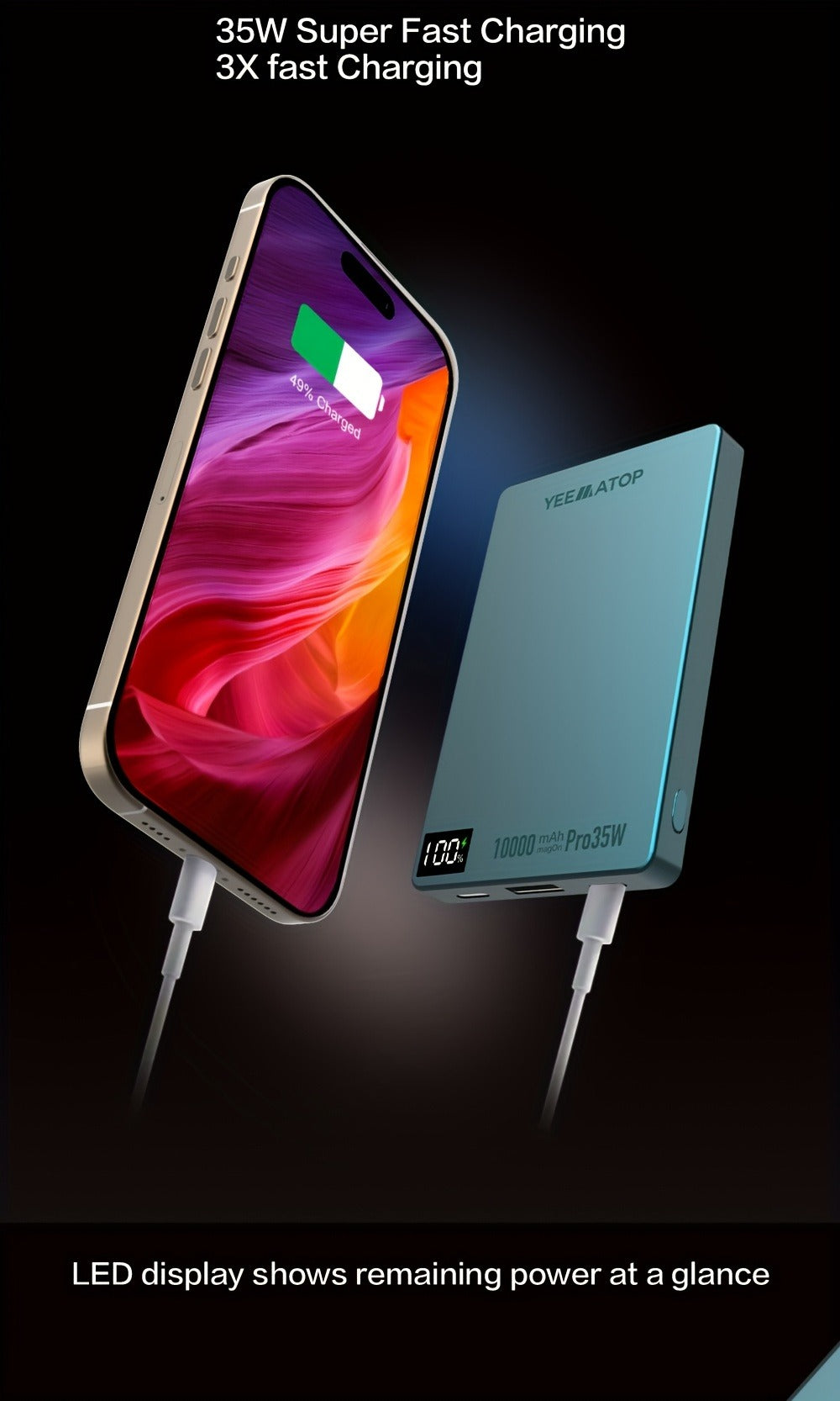 10000mAh Thin Magnetic Power Bank with 35W USB-C and 30W USB-A Port Markings in Four Colors