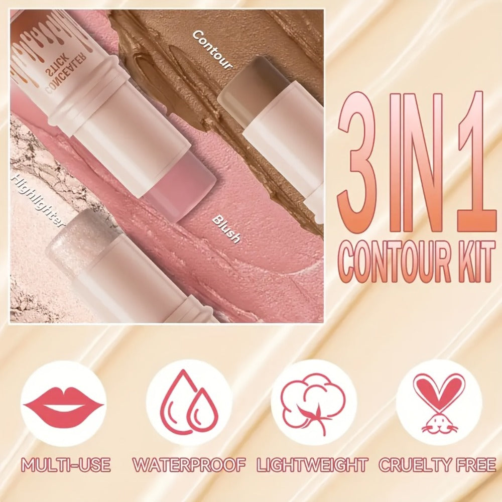 Cream Contour Stick Set 3-in-1 with Blush Highlighter & Bronzer – Squalane Non-Greasy Waterproof Long-Lasting Sculpting Kit