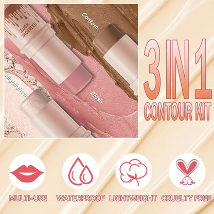 Cream Contour Stick Set 3-in-1 with Blush Highlighter & Bronzer – Squalane Non-Greasy Waterproof Long-Lasting Sculpting Kit