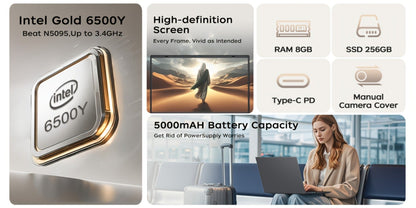 15.6 Inch Ultra-Thin Laptop, Intel Pentium 6500Y, 8GB RAM 256GB SSD, 4K Dual-Screen Support, Quad Stereo Speakers