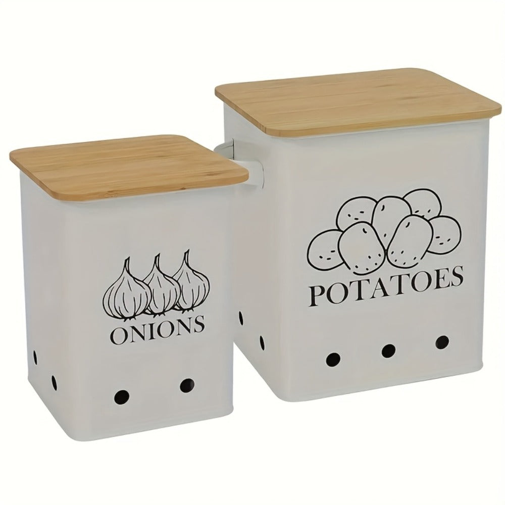 Kitchen Storage Canister Potato Onion Storage Bin Aerating Ventilation Holes Wooden Lid for Home Cooking, Dining and Outdoor Meals
