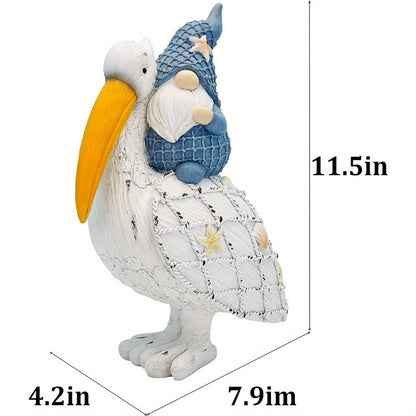 Pelican Gnome Figurine 11.5", Resin Coastal Beach Decor with Starfish & Seashell, Tabletop Statue for Home
