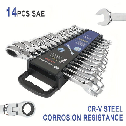 Flex Head Ratcheting Wrench Set SAE 14-Piece – 1/4" to 7/8" Chrome Vanadium Steel 72-Tooth 180° Flex Head with Organizer Rack for Auto