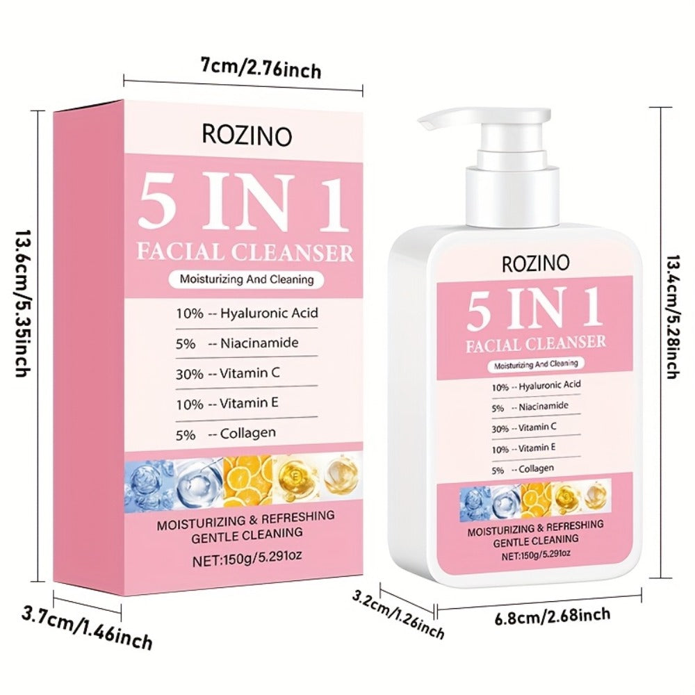 Brightening Face Wash 5-in-1 with Hyaluronic Acid Niacinamide Vitamin C Vitamin E & Collagen – Rich Foam Deep Cleansing Moisturizing Glow