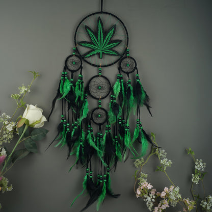 Bohemian Dream Catcher with Feathers & Leaf Embroidery, Boho Wall Hanging Decor for Bedroom, Bedside