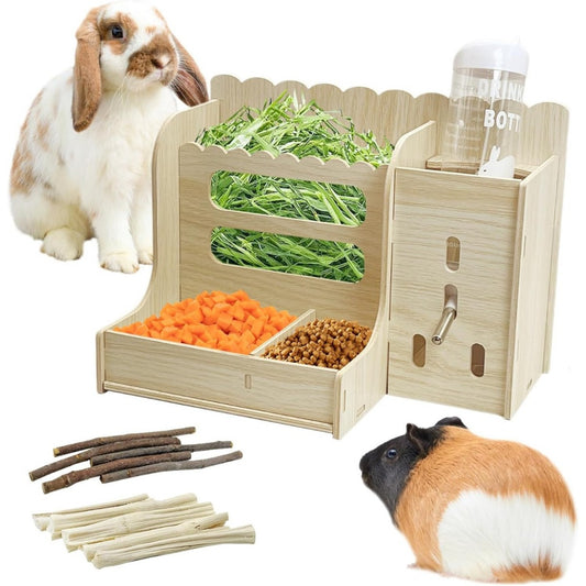 Hay Feeder Box for Rabbits & Guinea Pigs – Recycled Wood Multi-Compartment Dry Food Dispenser with Grass & Veggie Holders | Natural Wood