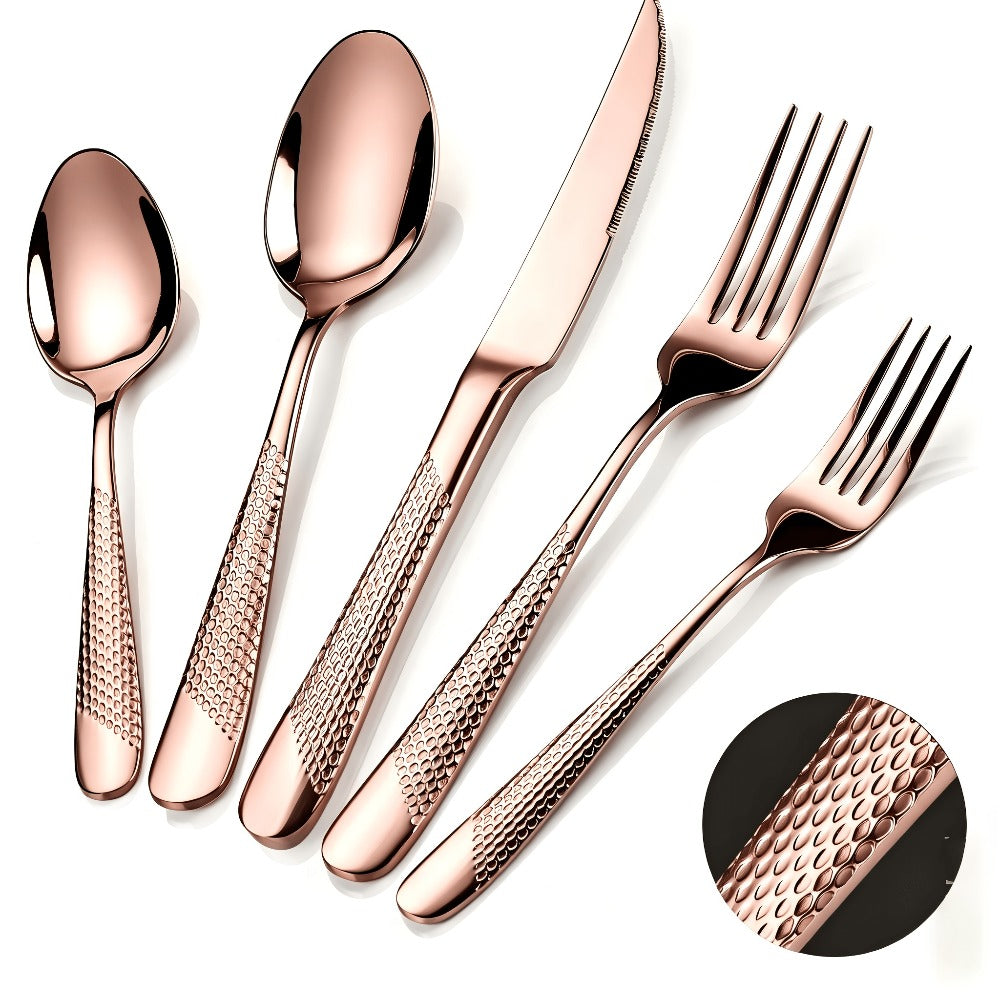 40- or 48-Piece Hammered-Handle Flatware Set in Rose Gold or Silver with Option-Specific Knives