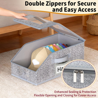 Baseball Cap Storage Box 2 Pack – Foldable Stackable Zippered Hat Organizer, Large Capacity Dustproof Closet Storage for Caps