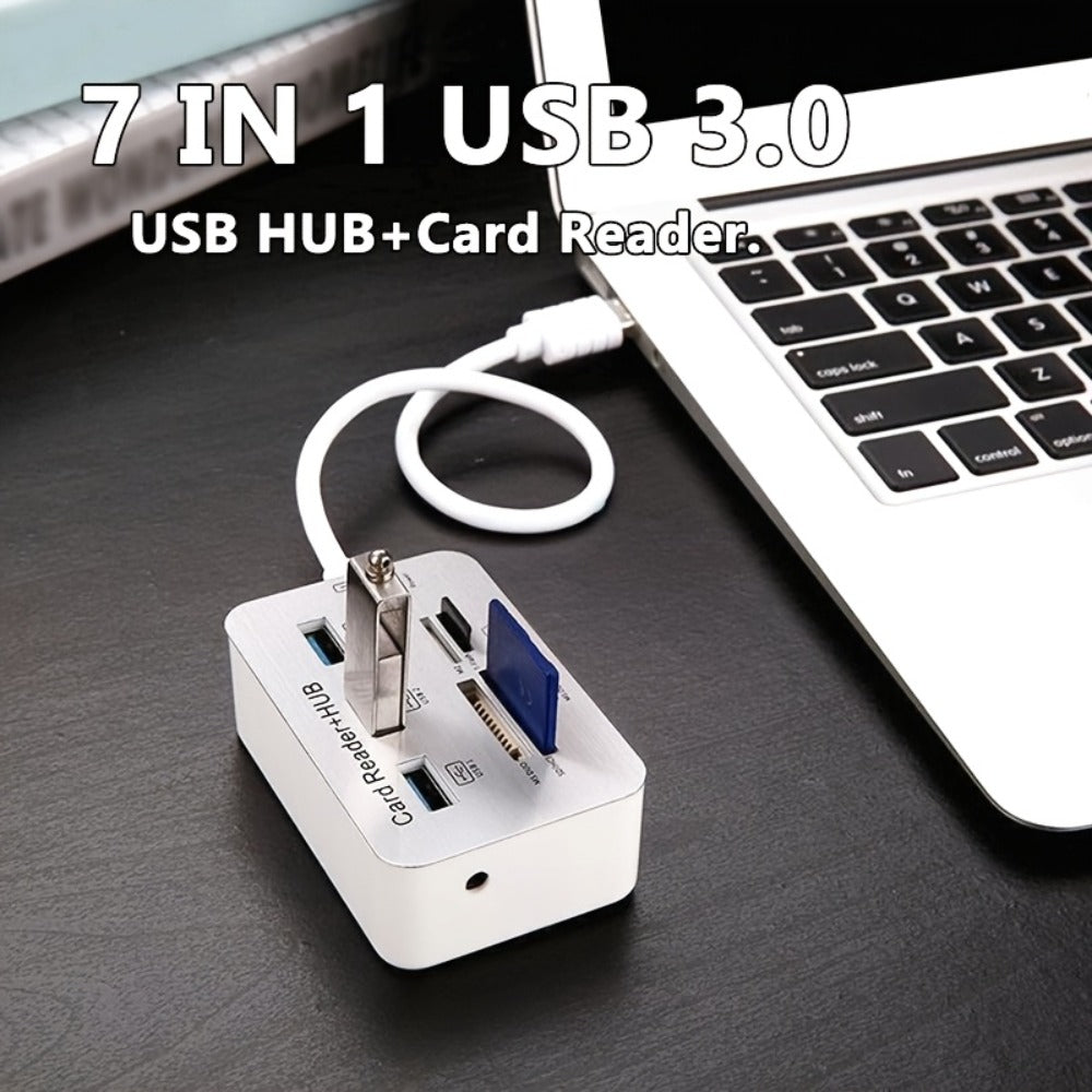 7-in-1 USB C Hub with SD TF MS M2 Memory Card Reader Adapter, 3 & 4 Port USB 3.0 Extender for PC