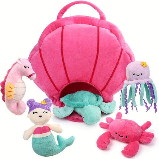 Plush Toy Five-Piece Ocean Creature Set with Mermaid, Sea Animals and Pink Shell Carry Bag