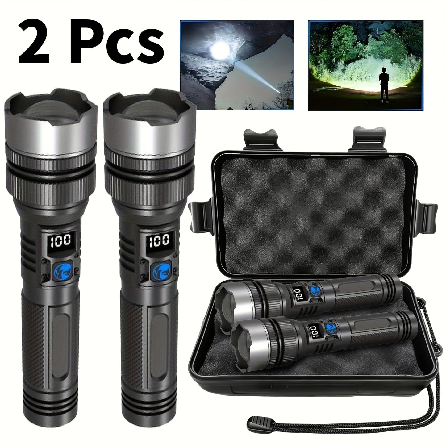 Flashlight 1000-Lumen Rechargeable 2-Pack with Digital Display, Type-C Input and USB Power Output