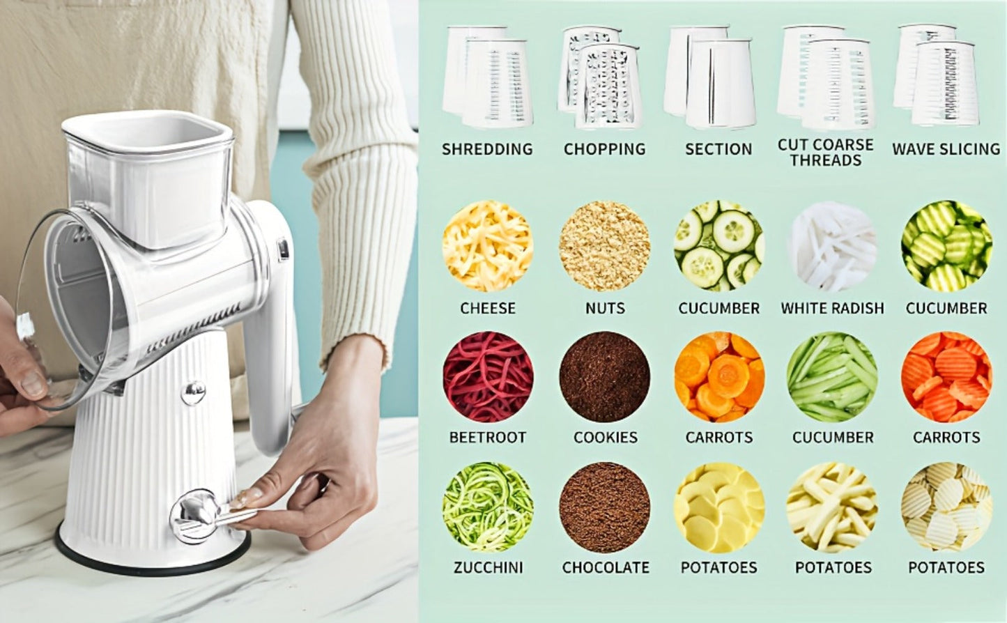 Rotary Cheese Grater with Interchangeable Blades, 5-in-1 Manual Vegetable Slicer Shredder Set, Suction Cup Base