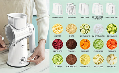 Rotary Cheese Grater with Interchangeable Blades, 5-in-1 Manual Vegetable Slicer Shredder Set, Suction Cup Base