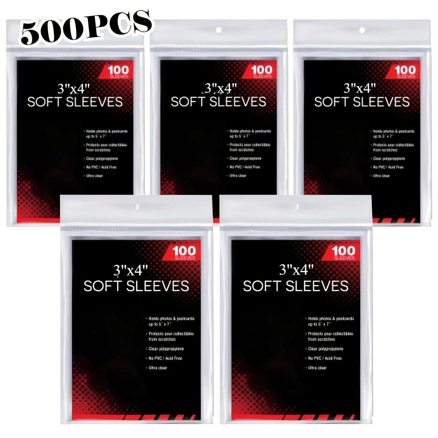 Five-Pack Clear Trading Card Sleeve Set with 100 Soft Sleeves per Pack in Standard 3 x 4-Inch Size