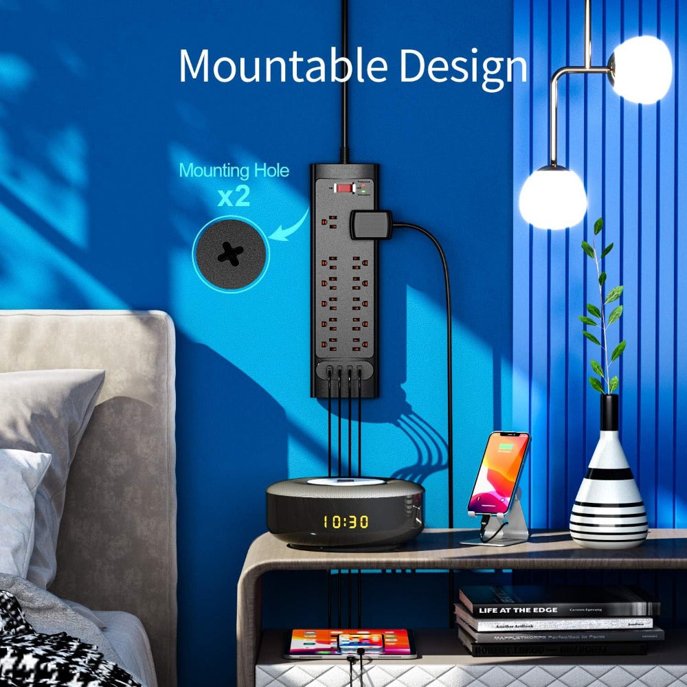 Surge Protector Power Strip 16-in-1 ANRMESUN with 12 AC Outlets, 3 USB-A, 1 USB-C, 2980J Marking and 5 ft Cord