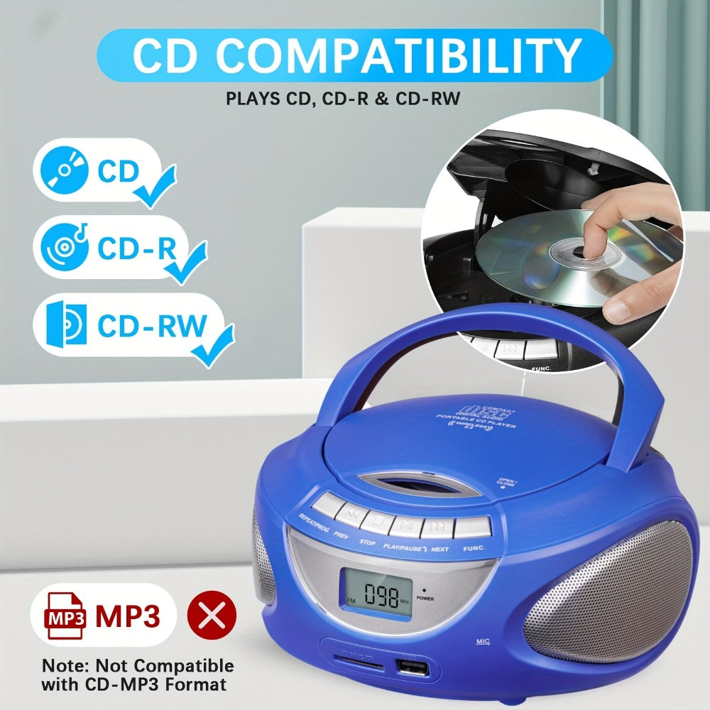 Portable CD Player Boombox with AM FM Radio Dual Stereo Speakers, Aux Input USB TF Card MP3 Player