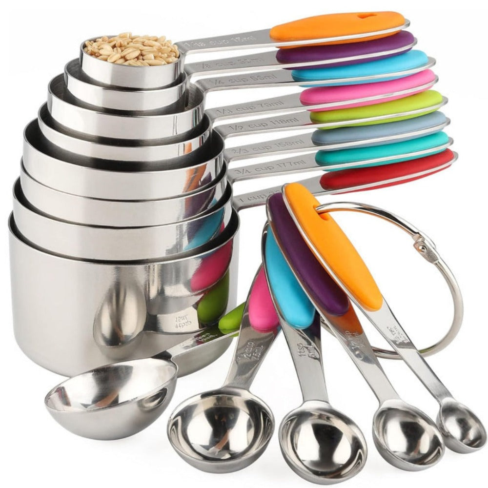 Measuring Cups and Spoons Set 13pcs Stainless Steel with Colorful Silicone Handles Stackable Dishwasher Safe for Kitchen Baking Cooking