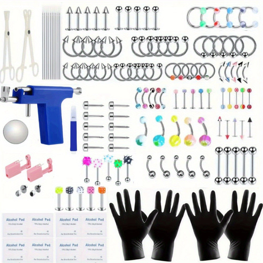 160pcs Body Piercing Kit with Piercing Gun, Professional Jewelry Set for Ear, Nose, Lip & Belly with Stainless Steel & Acrylic Studs