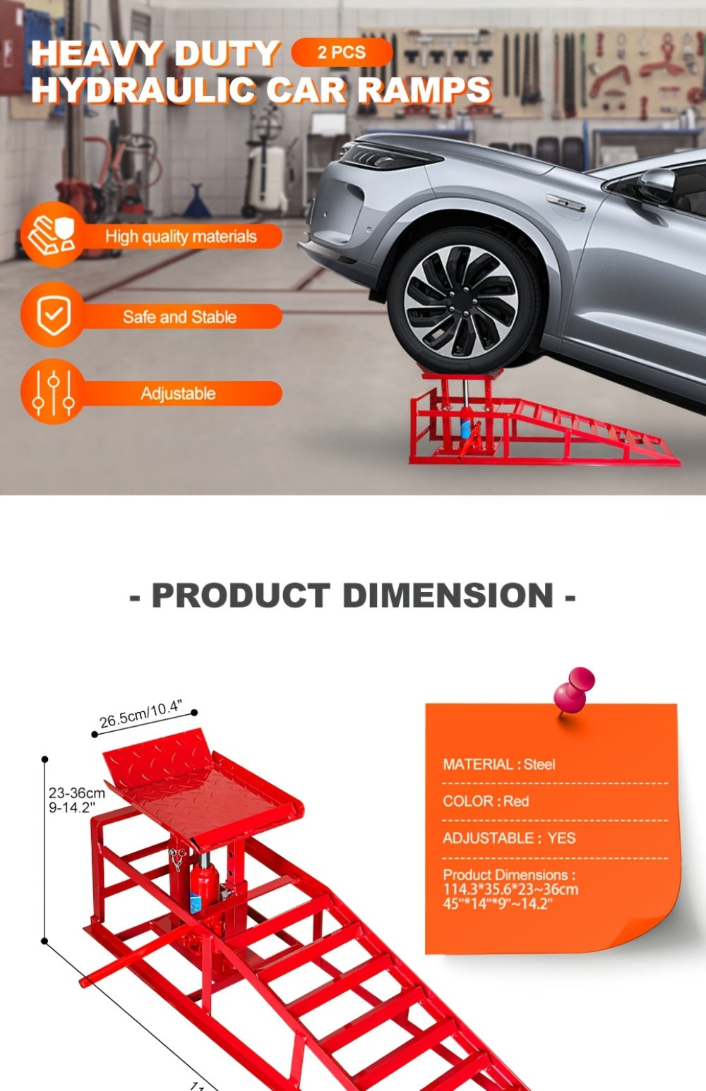 Car Ramps 2-Pack Hydraulic High Lift 11, 050 lb Capacity Low Profile with Support Jack – Oil Change Service Ramps for Car Truck Trailer