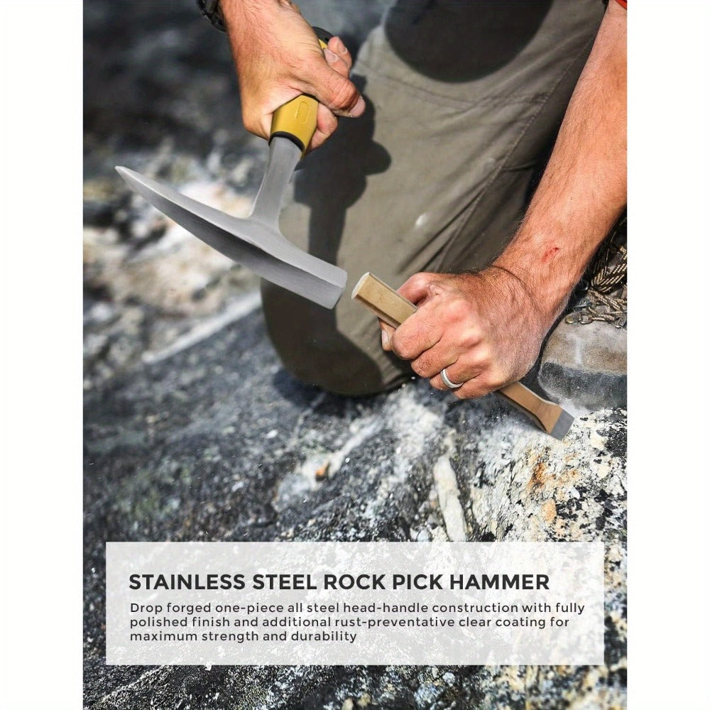 Geology Rock Pick Hammer Kit 15-Piece, 32oz Rock Hammer, 3 Digging Chisels, Shovel, Compass, Whistle & Musette Bag for Rock Hounding