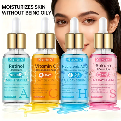 Face Serum Set 4-Piece Day & Night with Vitamin C Retinol Hyaluronic Acid Ceramide - Deep for Bath Time, Home Spa and Personal Care
