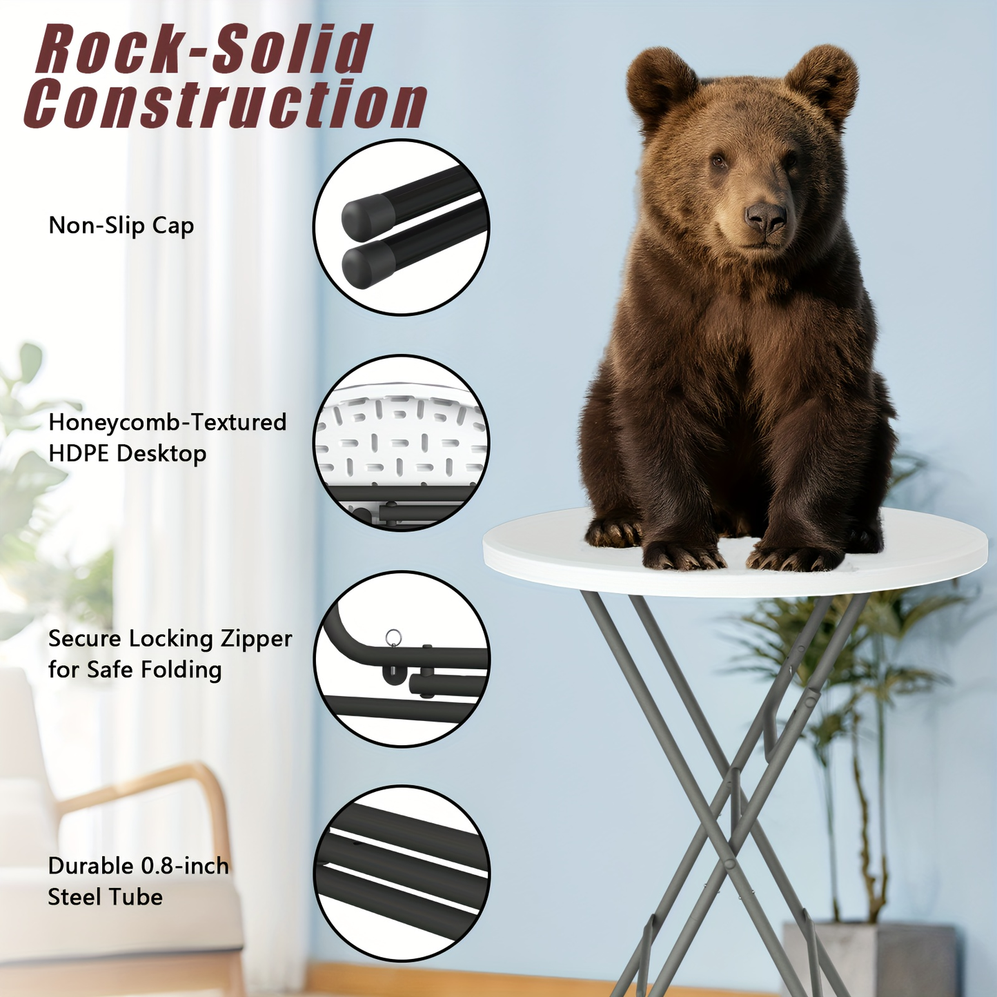 Round Bar-Height Folding Table with 31.5-Inch Top in Black or Black-and-White Two-Piece Set