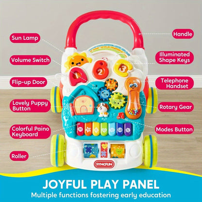 Sit to Stand Baby Push Walker 2-in-1 Adjustable Speed Learning Walker Detachable Play Panel 7-Mode Piano Light-Up Buttons Sound Effects