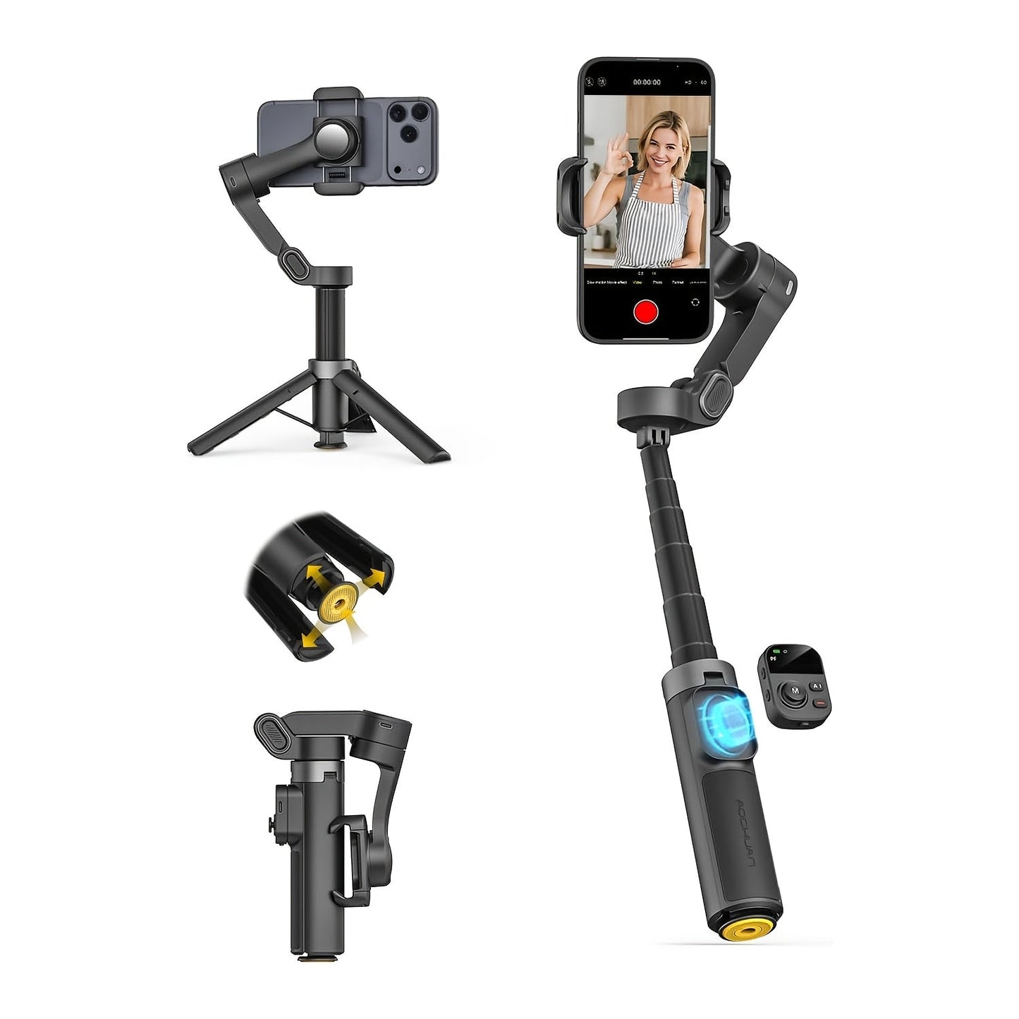 AOCHUAN Foldable 3-Axis Gimbal Stabilizer with Extendable Pole & Panoramic Gesture Control, AI Face Tracking Phone Gimbal