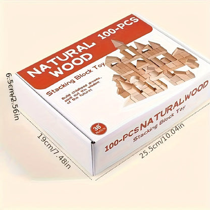 Natural Beech Wood Blocks 100 Piece Unpainted Solid Wooden Building Set, STEM Logical Thinking Toy for Kids Ages 3-12
