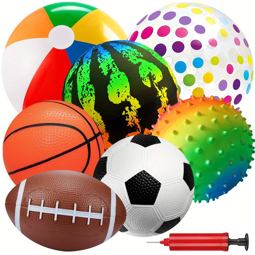 Kids Playground Ball Set 7-Pack with Air Pump, 10.6 Inch Outdoor Ball Plus 6-Inch Basketball Football Rugby