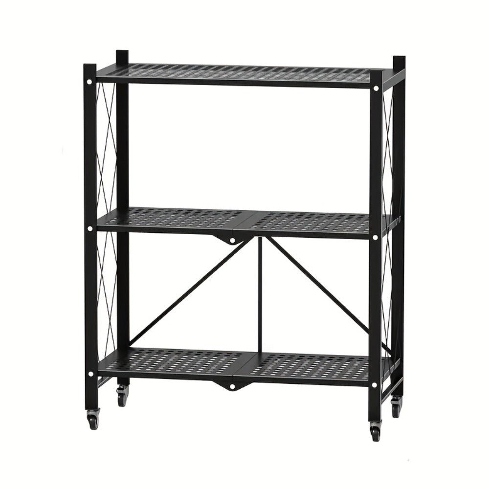 Storage Rack 3-5 Tier Foldable Shelving Unit with Wheels – Portable Multi-Layer Floor Standing Utility Shelf Organizer for Bedroom Closet