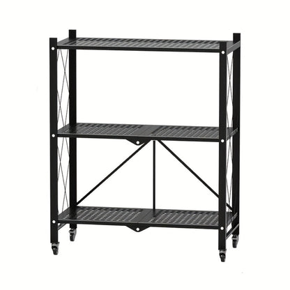 Storage Rack 3-5 Tier Foldable Shelving Unit with Wheels – Portable Multi-Layer Floor Standing Utility Shelf Organizer for Bedroom Closet