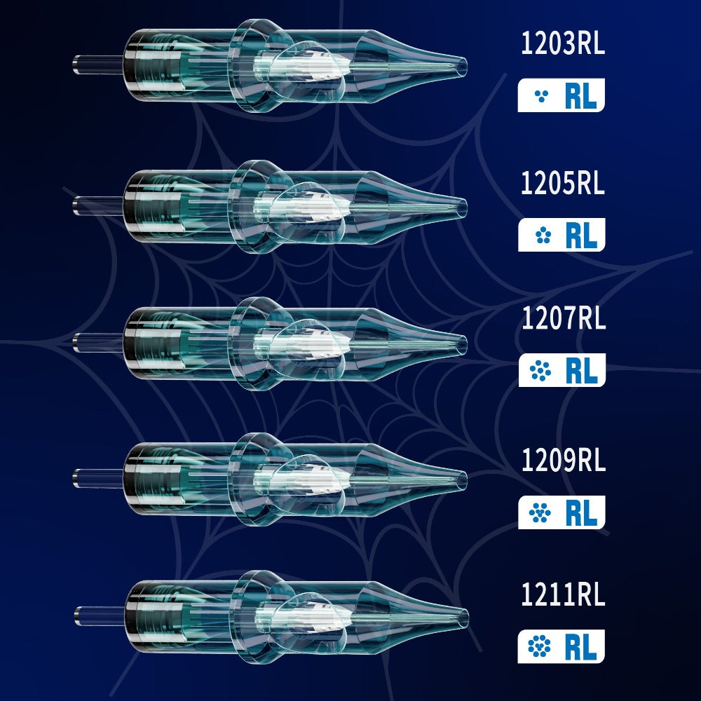 EO Sterilized Tattoo Cartridge Needles 50pcs Mixed Sizes 3RL 5RL 7RL 9RL 5RS 7RS 9RM for Temporary Body Art, Festivals and Costumes