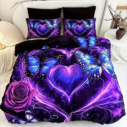 3-Piece Duvet Cover Set with Purple Butterfly, Rose and Heart Print, Zipper Closure and Four Sizes