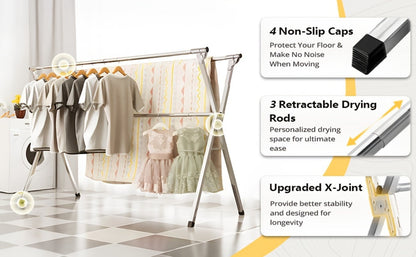 Retractable Stainless Steel Clothes Drying Rack with Dual Rods and 42.52-62.99 or 48.43-78.74-Inch Sizes