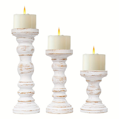 Wood Pillar Candle Holder Set of Three with Turned Pedestal Profiles, 16cm, 23cm and 30cm Heights in Three Finishes