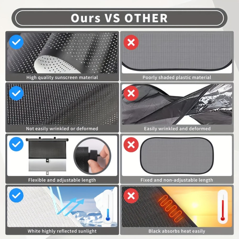 Car Window Curtains 2pcs Retractable PVC Side Window Shades One-Click Storage UV Block Anti-Glare Heat Shield Easy Install Suction Cup Hook
