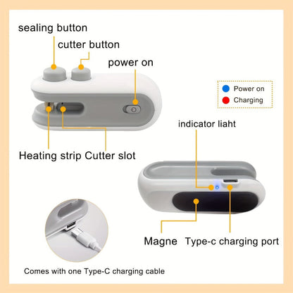 Bag Sealer Handheld Heat Sealer 3-Pack, USB-C Rechargeable 2-in-1 Magnetic Food Sealer with Cutter
