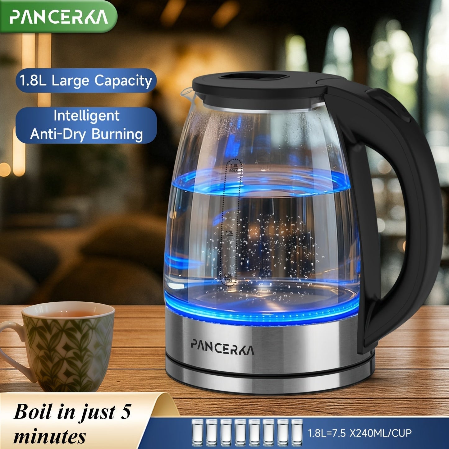 Electric Kettle 1000W Auto Shut-Off Stainless Steel Fast Boiling Hot Water Kettle 1.7L for Entryways, Bedrooms and Living Spaces