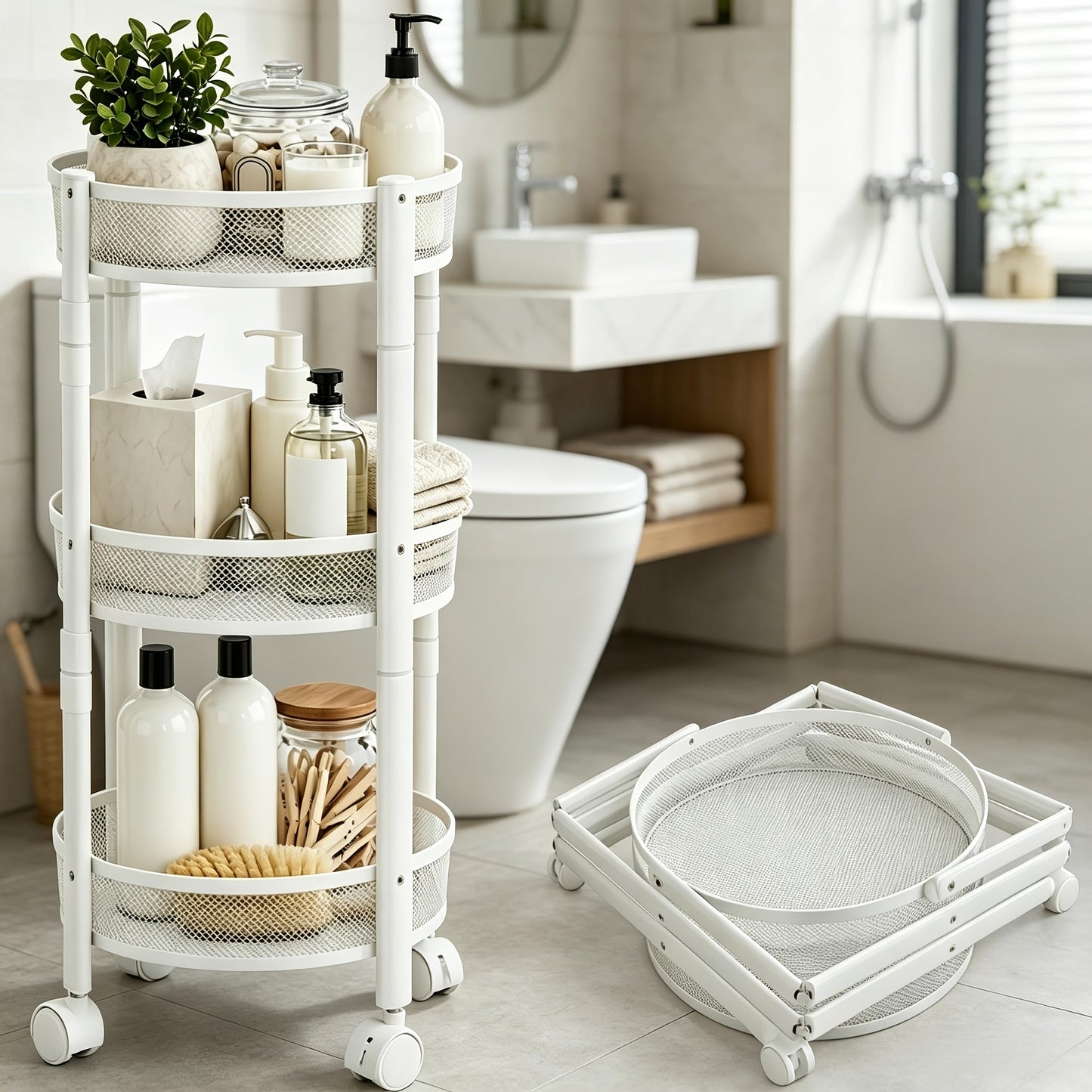 Rolling Storage Cart with Wheels 5-Tier 360° Rotating Kitchen Organizer Basket, No Assembly Space-Saving Floor Standing Bin for Kitchen