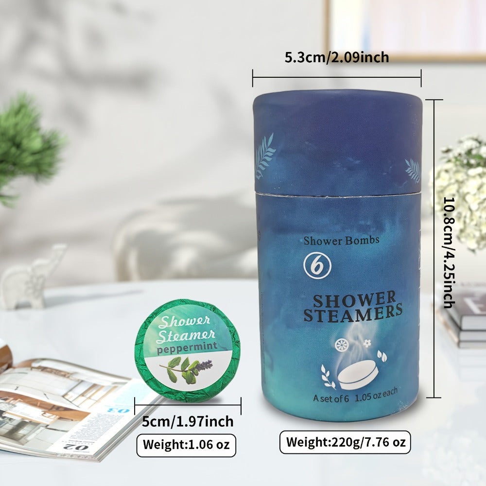 Six Assorted Shower Steamer Tablets in a Cylindrical Gift Box with 30 g Individually Wrapped Pieces