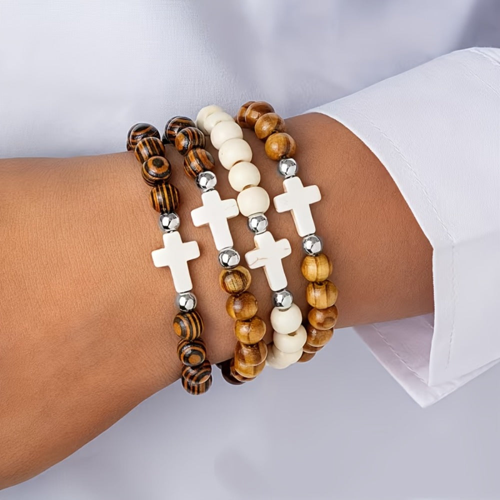 Cross Bracelets Bulk for Baptism Party Favors, 20/40PCS Vintage Ethnic Alloy Cross Pendant Woven Elastic Bracelets