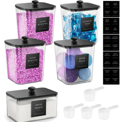 Laundry Pods Container & Dryer Sheet Holder Set with Bamboo Lids, Clear Laundry Room Organization Containers for Scent Booster, Powder