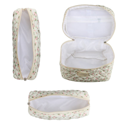 Quilted Floral Makeup Bag Set 3PCS Large Capacity Dual Layer Cotton Cosmetic Bags Coquette Aesthetic Travel Toiletry Organizer Gift