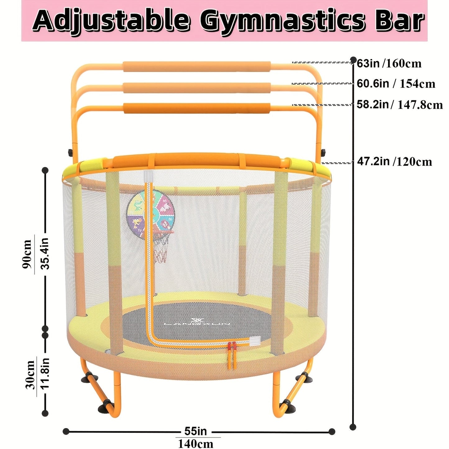 60 Inch Kids Trampoline 6-in-1 with Safety Net Enclosure, Basketball Hoop, Swing, Dart Board & Gymnastic Rings