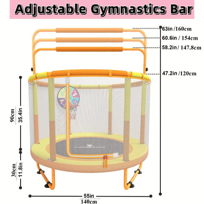 60 Inch Kids Trampoline 6-in-1 with Safety Net Enclosure, Basketball Hoop, Swing, Dart Board & Gymnastic Rings