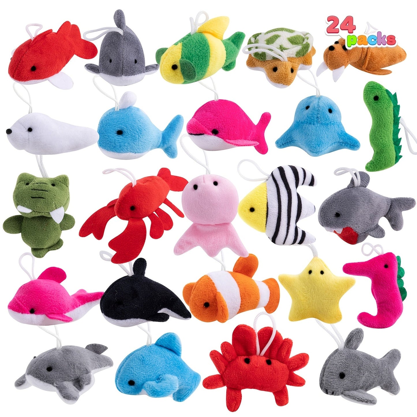 Twenty-Four Mini Sea-Animal Plush Keychains in Assorted Fish, Shark, Whale and Crab Designs